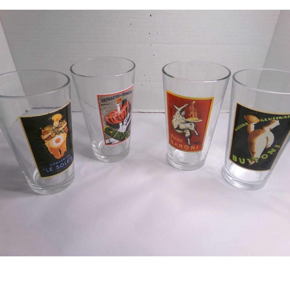 Pottery Barn Leonetto Cappiello Poster Glass Set 4 Buitoni Baroni  16oz